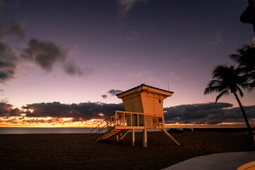 A lifeguard hut at sunrise in Fort Lauderdale, Florida, USA