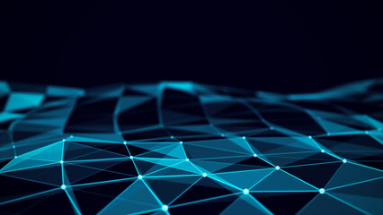 Network connection technology. Abstract blue wave background with triangles and lines. Big data visualisation. 3D rendering.