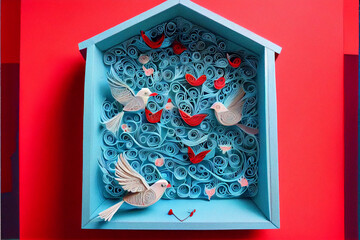 Blue Birdhouse with Birds. Generative ai