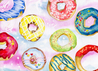 Doughnuts watercolor illustration, sweets, baked goods, colorful watercolor, bakery, 600 dpi  