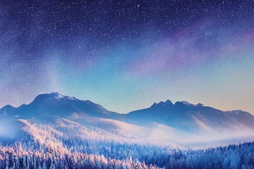 Foto auf Alu-Dibond colorful starry sky with mountains, landscape © Alice