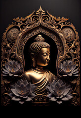 Fototapeta premium Statue of Siddhartha Gautama the Buddha in Black and Gold Metal. Generative ai