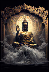 Statue of Siddhartha Gautama the Buddha in Black and Gold Metal. Generative ai