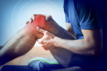 Representation of pain in the knee in red on blue - obrazy, fototapety, plakaty