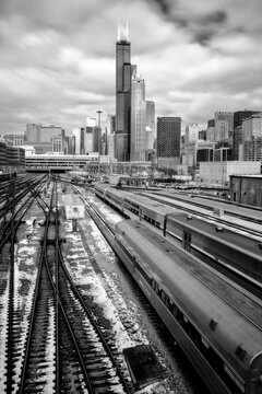 The trainyards of Chicago with cityscape