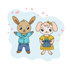 Couple of rabbits. Birthday gift. Joyful rabbit. Cartoon bunnies illustration. Symbol of the 2023. Chinese New Year animal sign