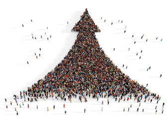 Large and diverse groups of people seen from above gathered together in the shape of a bending up arrow, on transparent background, 3d illustration