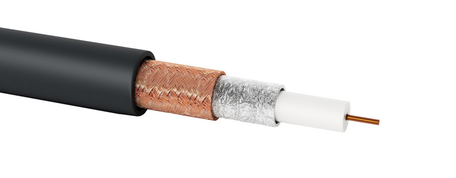 Coaxial cable showing detailed layers on transparent background