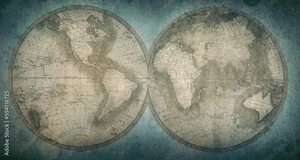 Poster Old geographical map of the world of the 18th century. A good background for design on the theme of travel, geography, history, voyage, etc. Ancient map background.