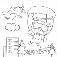 Vector cartoon illustration of skydiving with litlle bear with cartoon style Childish design for kids activity colouring book or page.