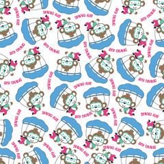 Obraz na płótnie Canvas Seamless vector pattern with cute little monkey skydiver, Design concept for kids textile print, nursery wallpaper, wrapping paper. Cute funny background.