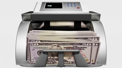 50 US dollar in cash dispenser. Withdrawal of cash from an ATM. Financial transaction in the bank terminal. USD.