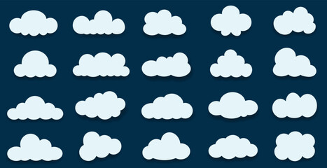 Set of vector cartoon clouds on a blue background. Set of sky. Symbol or logo cloud