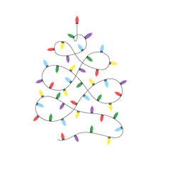 Garland in Christmas tree shape. Multicolored Christmas lights on white background. Xmas garland.