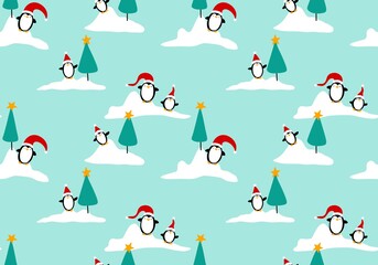 Fototapeta premium Cartoon winter Christmas seamless penguin pattern for wrapping paper and kids clothes print and fabrics