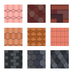 Set of different types of tiles, roofs for houses in a cartoon style. Vector illustration of colored tiles of different texture, materials isolated on white background.