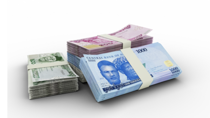 Stacks of New Nigerian naira notes isolated on transparent background
