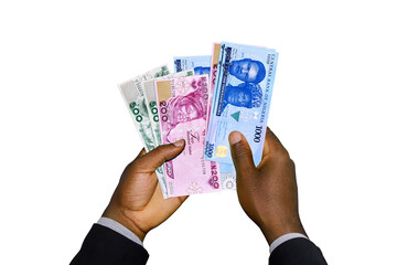 Black Hands in suit holding 3D rendered New Nigerian Naira notes
