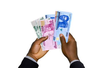 Black Hands in suit holding 3D rendered New Nigerian Naira notes