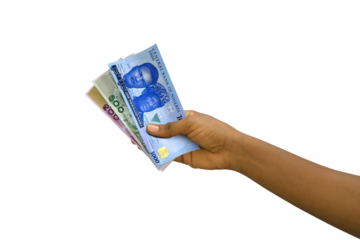 Fair hand holding new 3D rendered Nigerian Naira notes isolated on transparent background