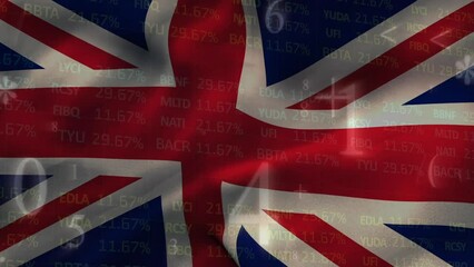 Animation of mathematical symbols over waving uk flag against stock market data processing - Powered by Adobe