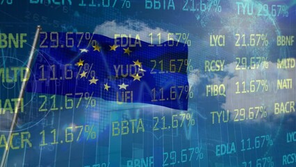 Animation of stock market data processing and globe over waving eu flag against clouds in blue sky - Powered by Adobe