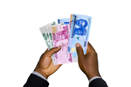 Black Hands in suit holding 3D rendered New Nigerian Naira notes