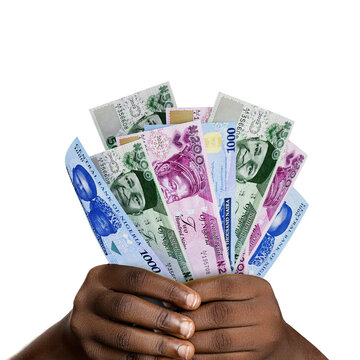 Black hands holding new 3D rendered Nigerian naira notes. closeup of Hands holding various Nigerian currency notes