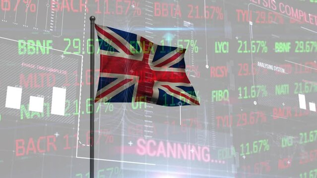 Animation of stock market data processing over waving uk flag against grey background
