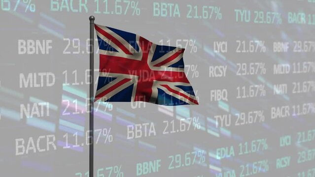 Animation Of Stock Market Data Processing And Mosaic Squares Over Waving Uk Flag On Grey Background