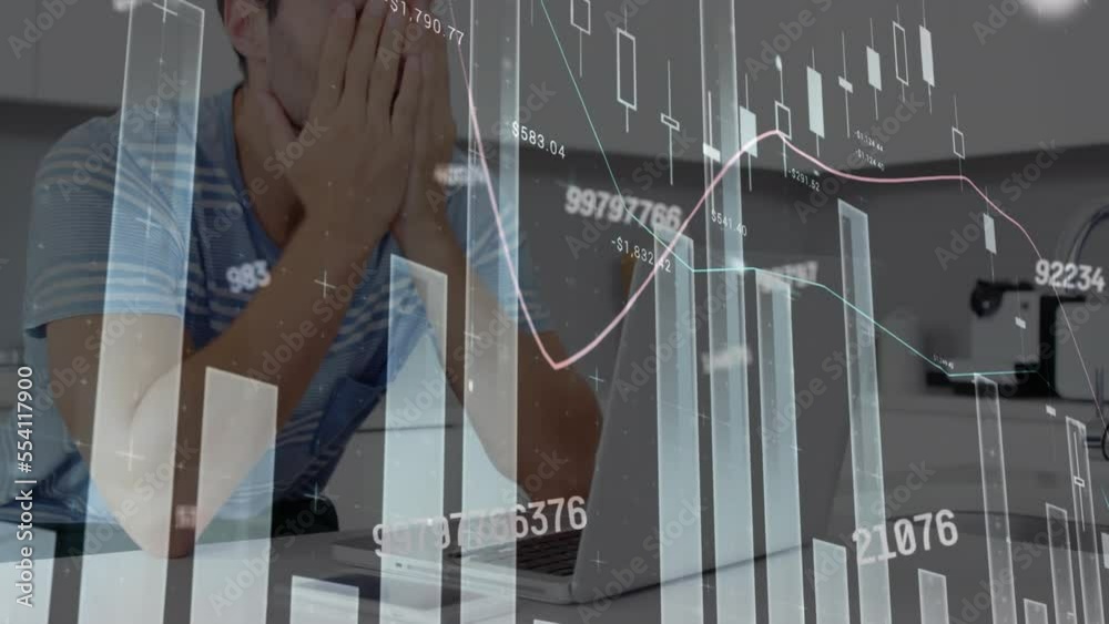 Poster animation of numbers and statistical data processing over stressed caucasian man using laptop