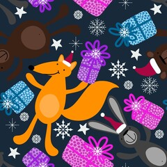 Christmas winter animals seamless bears and rabbit and fox pattern for kids clothes print and Noel fabrics