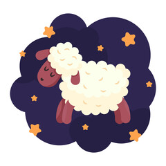Sheep in jumping pose on night background with stars. Count sheeps jumping over the fence before bed. Funny lambs. Dream, relax, counting, insomnia, baby sleep, sleeplessness. Flat vector