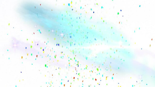 Animation of confetti falling over shining stars against white background with copy space