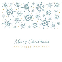 Naklejka na ściany i meble Christmas card with blue snowflakes on white background. Merry Christmas and Happy New Year.