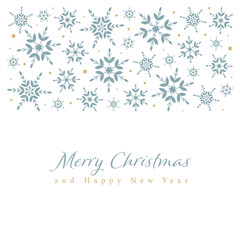 Christmas card with blue snowflakes on white background. Merry Christmas and Happy New Year.

