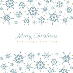 Christmas greeting card with blue snowflakes on white background. Merry Christmas and Happy New Year

