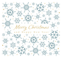 White christmas card with blue snowflakes. Merry Christmas and Happy New Year.
