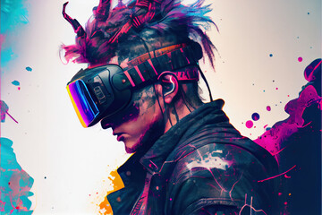 vr headset, metaverse, man, futuristic, virtual world, state of consciousness, technology, neon, punk, fantasy