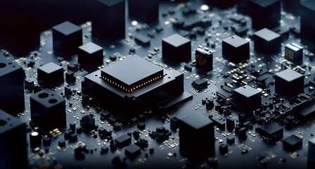 An edgy, abstract technology background with black microchips, transistors, and circuitry set against a glossy, reflective black surface. Ideal for modern, high-tech projects. Generative AI