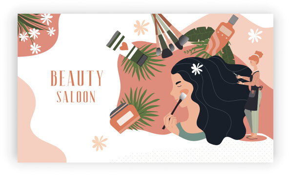 Beauty Salon Website Design, Professional Woman Makeup And Hairstyle, Vector Illustration