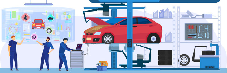 Car service, professional maintenance and diagnostic, people using modern technologies, vector illustration