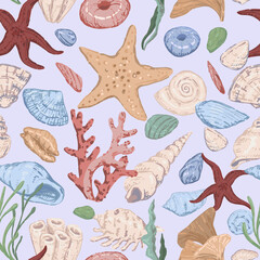 Starfishes, shells, stones, seaweed, coral, sea ornament. Abstract vector seamless pattern of underwater life. Modern style pastel colors design.