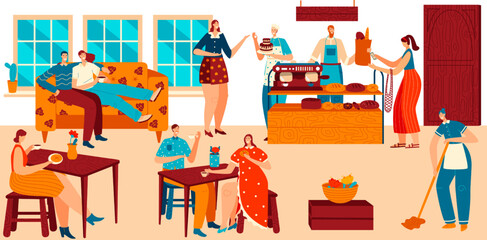 People in cozy cafe, bakery with fresh bread and coffee, pastry shop service, vector illustration