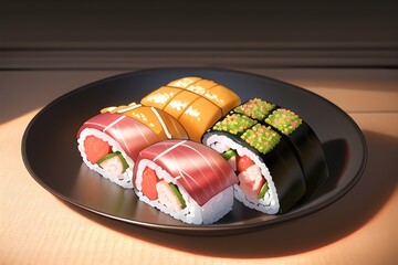 Delicious Japanese Sushi Roll Asian Food In Anime Style Digital Painting Illustration