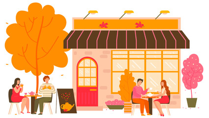 Tea house in autumn city with tables outdoors and people drinking hot tea with teapot and teacups cartoon vector illustration.