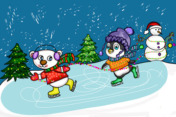 polar bear and penguin are skating. they are waiting for the holiday. it's Christmas eve. in the background is a snowman and fir trees. it's snowing 