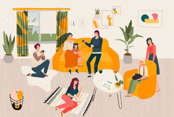 Hygge home big family together, people siiting in scandinavian style room spending time at cosy home flat vector illustration.