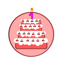 Illustration pink cake with cherry inside pink circle and purple year old candle.