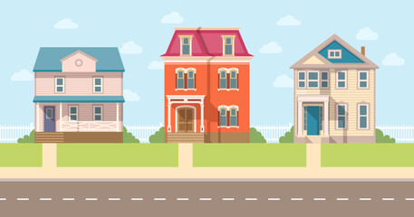 Street with two-storey private houses, prestigious suburban area. Vector illustration